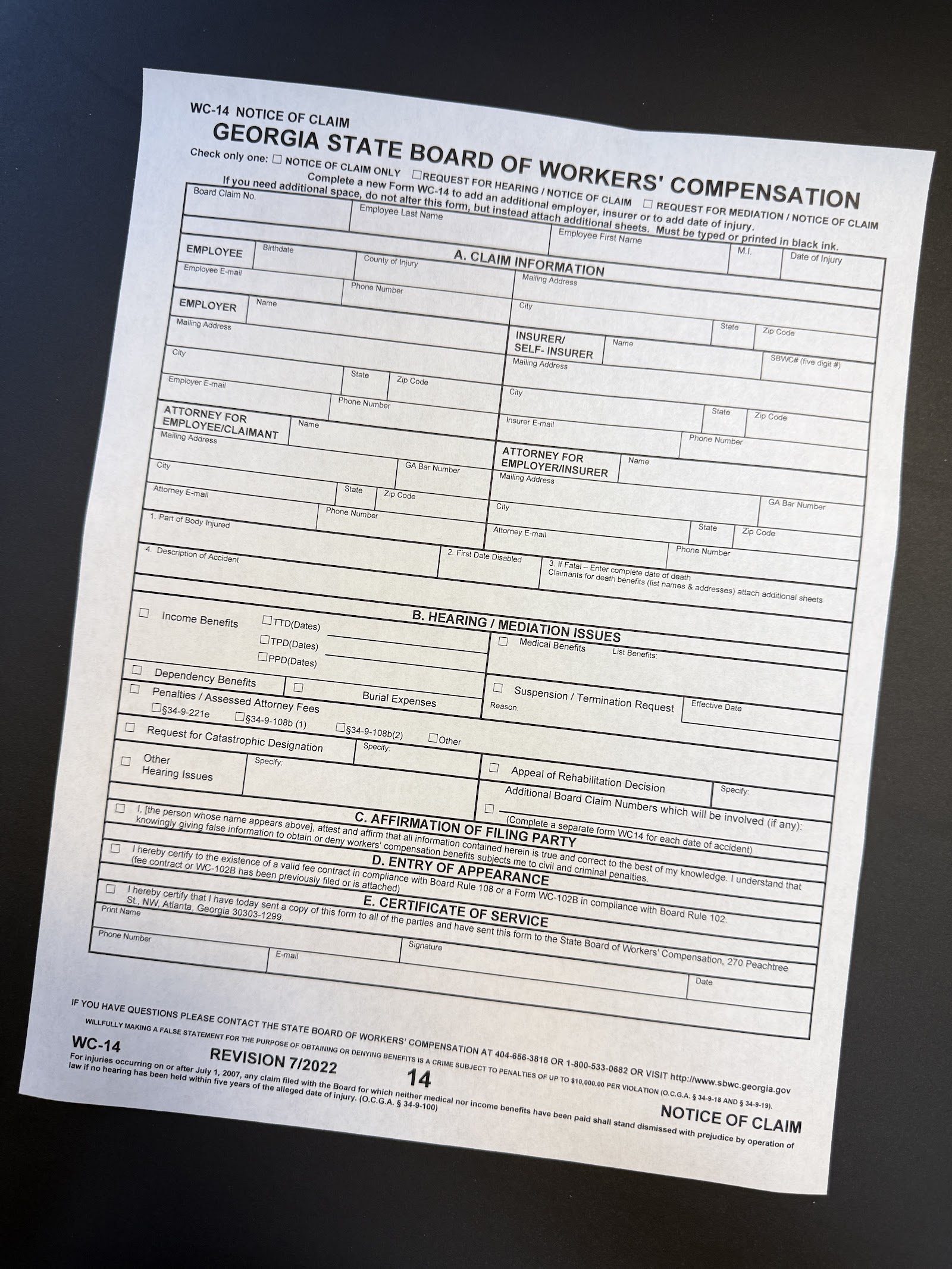 Your Georgia Workers' Comp Claim Got Denied. Here's Exactly What I'd Do Next. 2 Georgia State Board of Workers’ Compensation Form WC-14 used to request a hearing after a claim denial